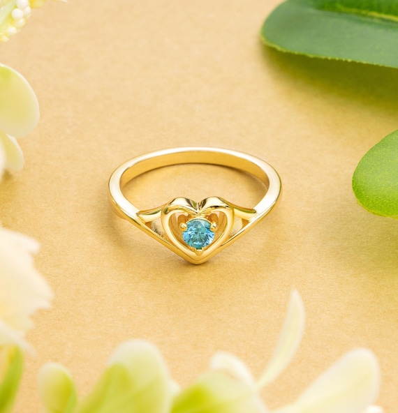Engraved Heart Birthstone Ring, Personalized Name Heart Birthstone