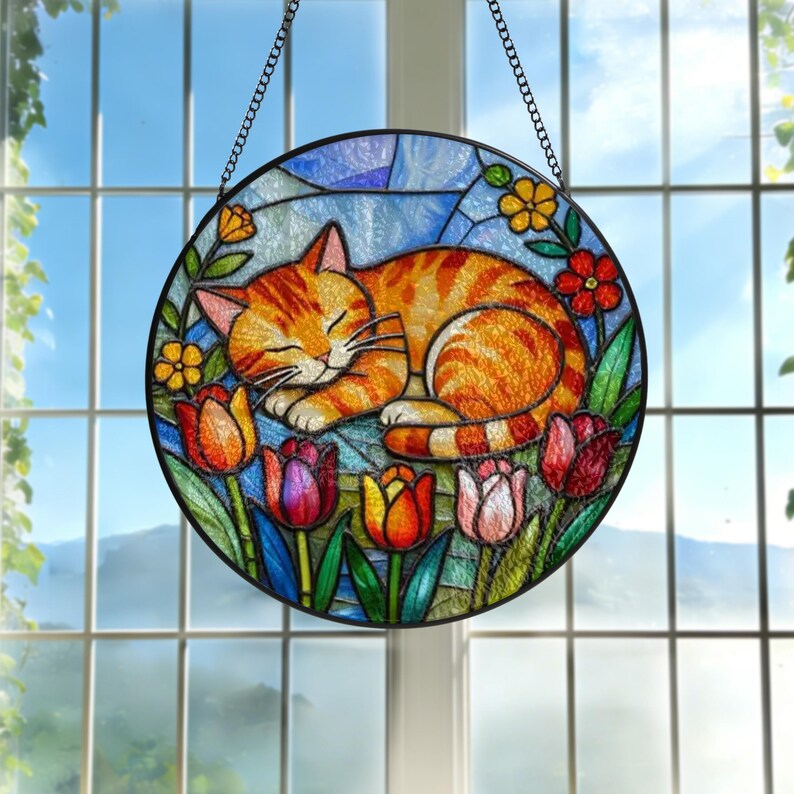 Stained Glass Suncatcher Tabby Cat, Cat Window Hanging, Cat Sun Catcher ...