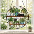Cat Stained Glass Suncatcher, Two Black Cats on Plant Shelf Window Hanging, Botanical Plant Decor, Gift for Plant and Cat Lovers S122