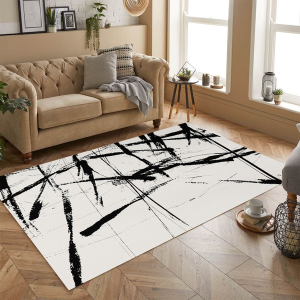 Black and White Modern Abstract, Rug Living Room, Geometric Rug, Custom Rug, Asian Design, Hand Made Rug, Salon Decor, Accent Rug