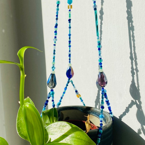 Unique home decor • Jewelry for your plant • beaded macrame with glass and crystals • beads flowerbed • sun catcher • boho bohemian • size S