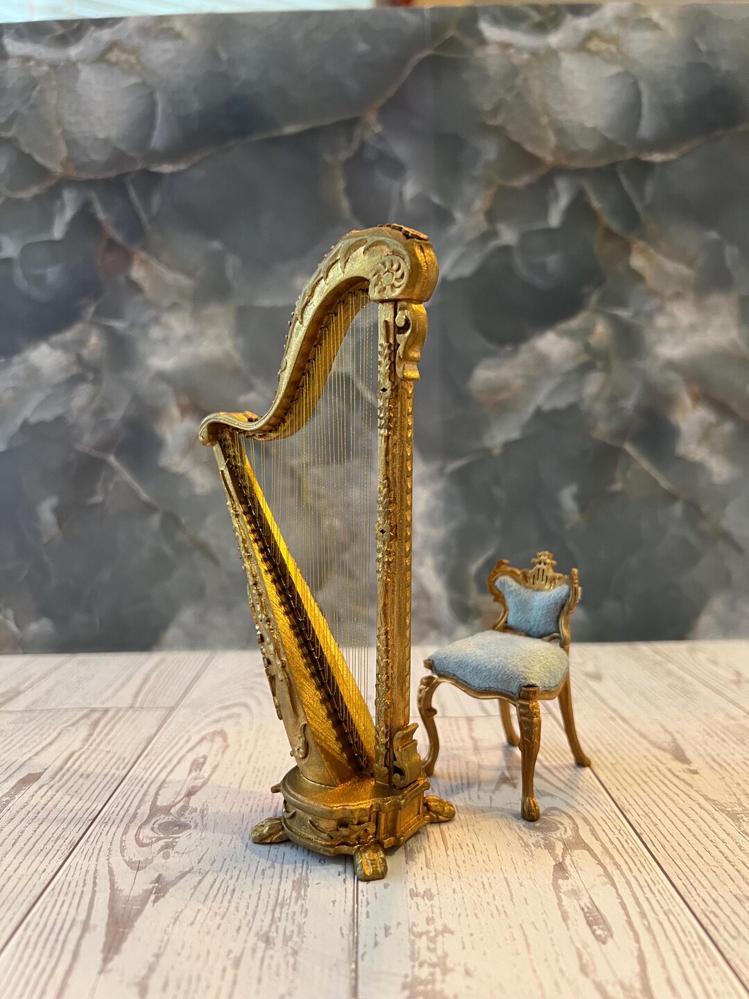 1 12 Scale Beautiful Bespaq Gold Harp With Matching Delicate Chair in ...