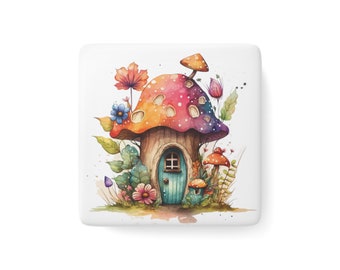 Mushroom House Porcelain Magnet, Square