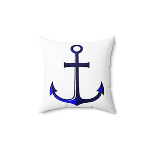 Nautical Pillow, Blue Anchor Design, Beach Home Decor, Coastal Throw Cushion, Sailor Room Accent, Sea Lover Gift