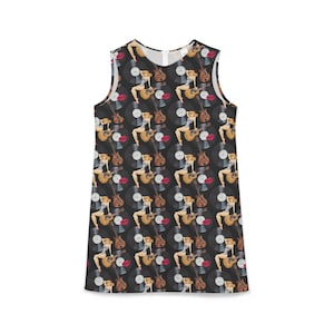 Rockabilly A-line Sleeveless Dress, Pinup Girls Retro 50s Style Clothing, Vintage Record Print Costume, Swing Dance Party Outfit, Sleeveless