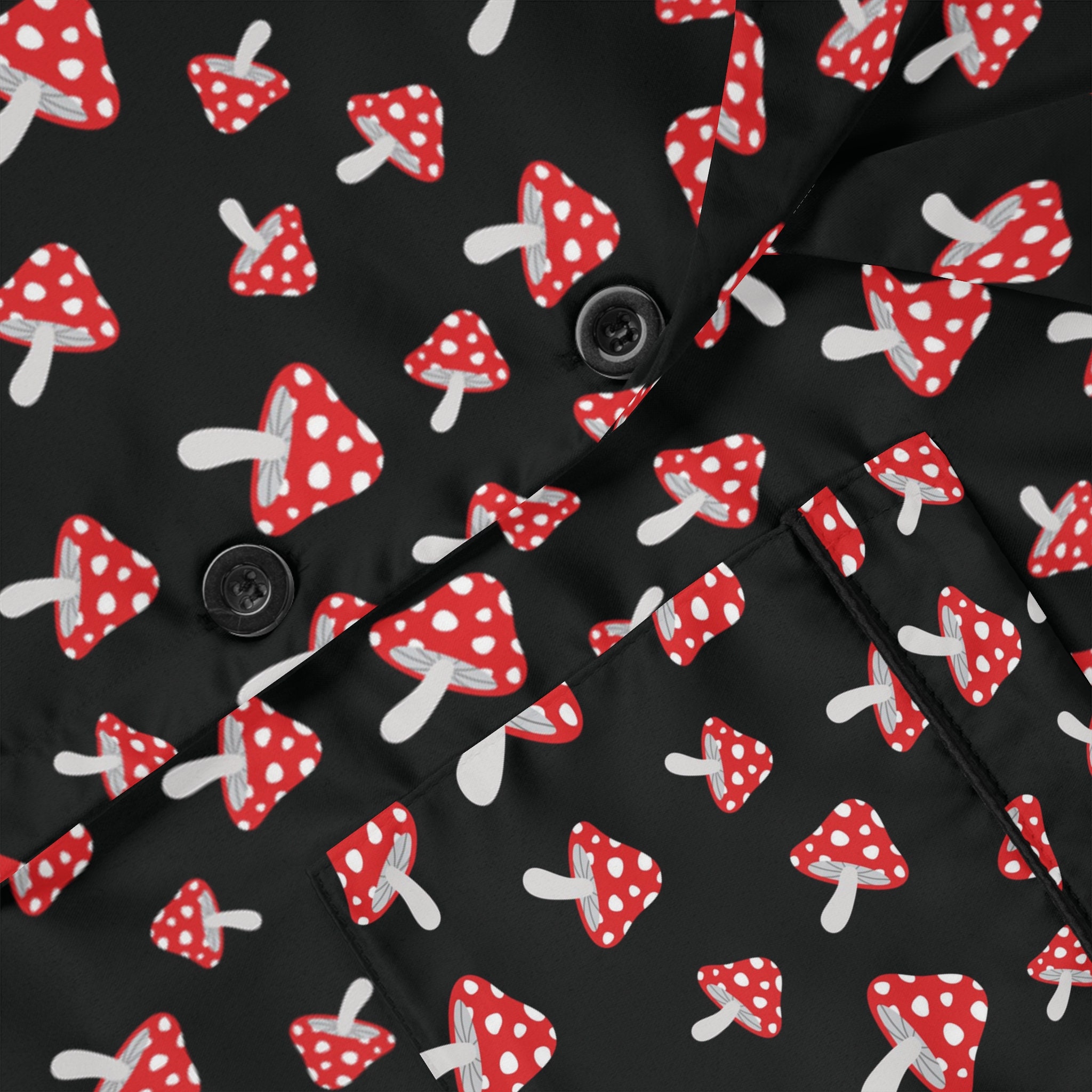 Mushroom Satin Pajamas Women s Red Mushrooms on Black Satin Background Etsy UK