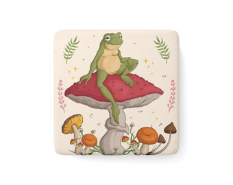 Frog and Mushroom Porcelain Magnet, Square