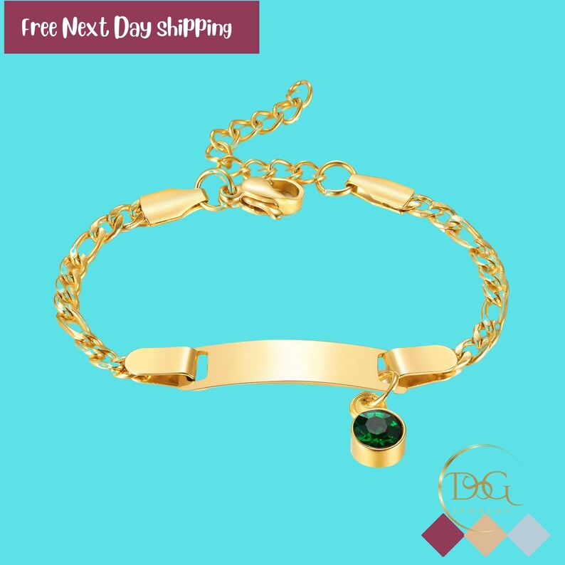 14k Gold Personalized Baby Bracelet, Birth Month Birthstone, Engraved