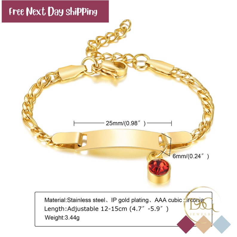 14k Gold Personalized Baby Bracelet, Birth Month Birthstone, Engraved