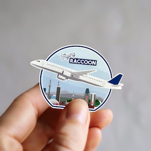 Può includere: Un adesivo rotondo con un aereo bianco che vola sopra uno skyline di città. L'adesivo ha uno sfondo blu con il testo "Flying Raccoon" in bianco.