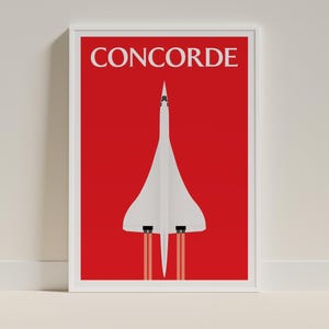 Puede incluir: Una impresión enmarcada con un avión Concorde blanco sobre un fondo rojo vibrante. La palabra "CONCORDE" se muestra en blanco en la parte superior. Los motores del avión emiten estelas de escape naranjas y rojas, creando una llamativa obra de arte de aviación.