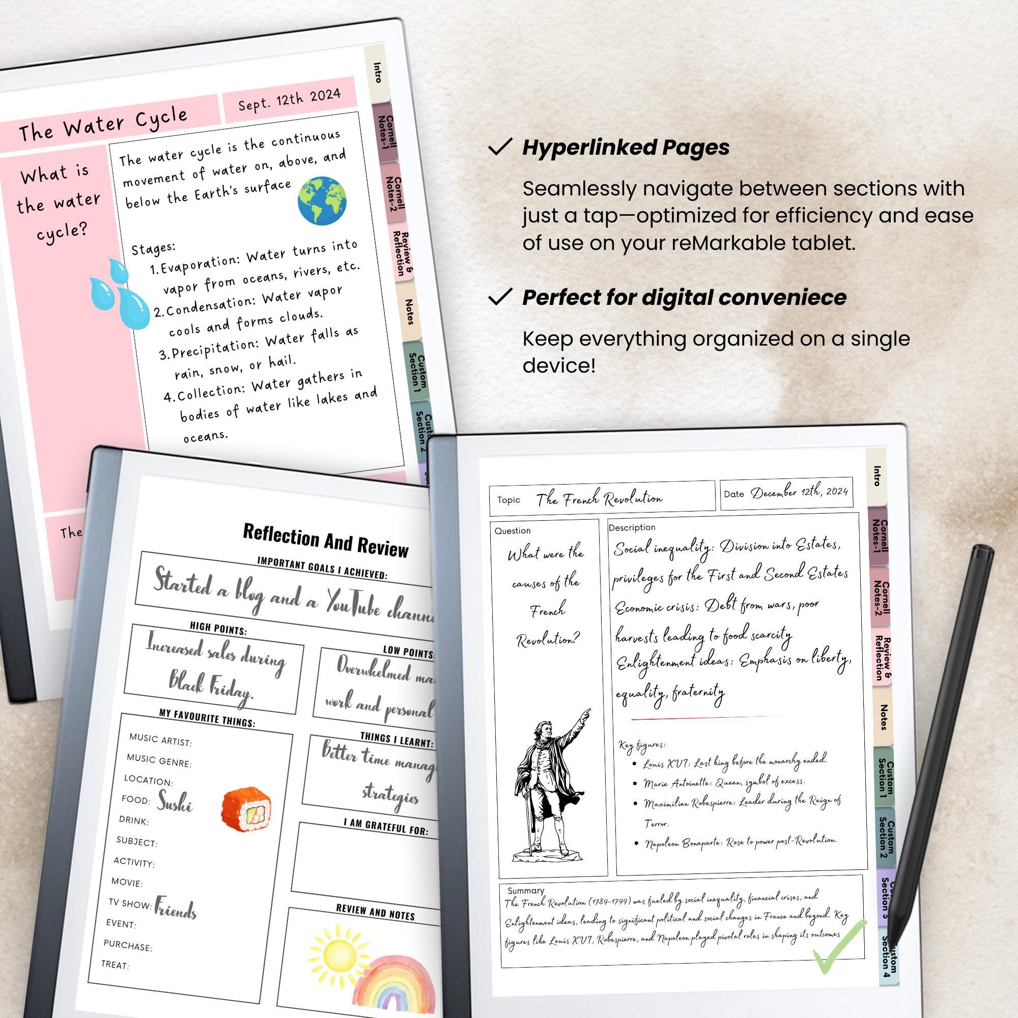 Hyperlinked Cornell Notes Template for Remarkable, Digital Notebook ...