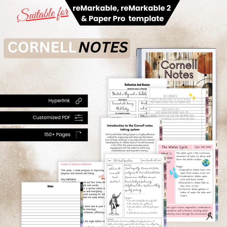 Hyperlinked Cornell Notes Template for Remarkable, Digital Notebook ...
