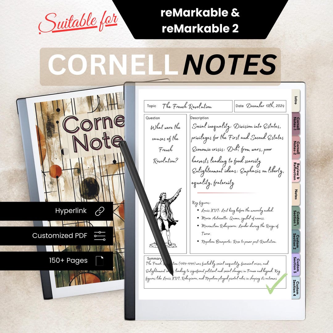 Hyperlinked Cornell Notes Template for Remarkable, Digital Notebook ...