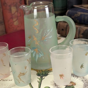 Mid-Century Modern Child&#39;s Frosted Glass Hand-Painted Pitcher with 4 Glasses - Vintage Collectible