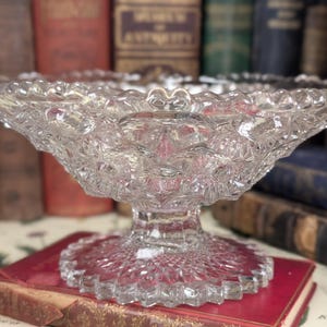 Antique EAPG Clear Pressed Glass Pedestal Compote Bowl - 9 Inch Daisy & Button Sawtooth Rim