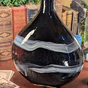 Striking Vintage Studio Art Glass Vase - Deep Indigo with White, 13.25&quot; Tall