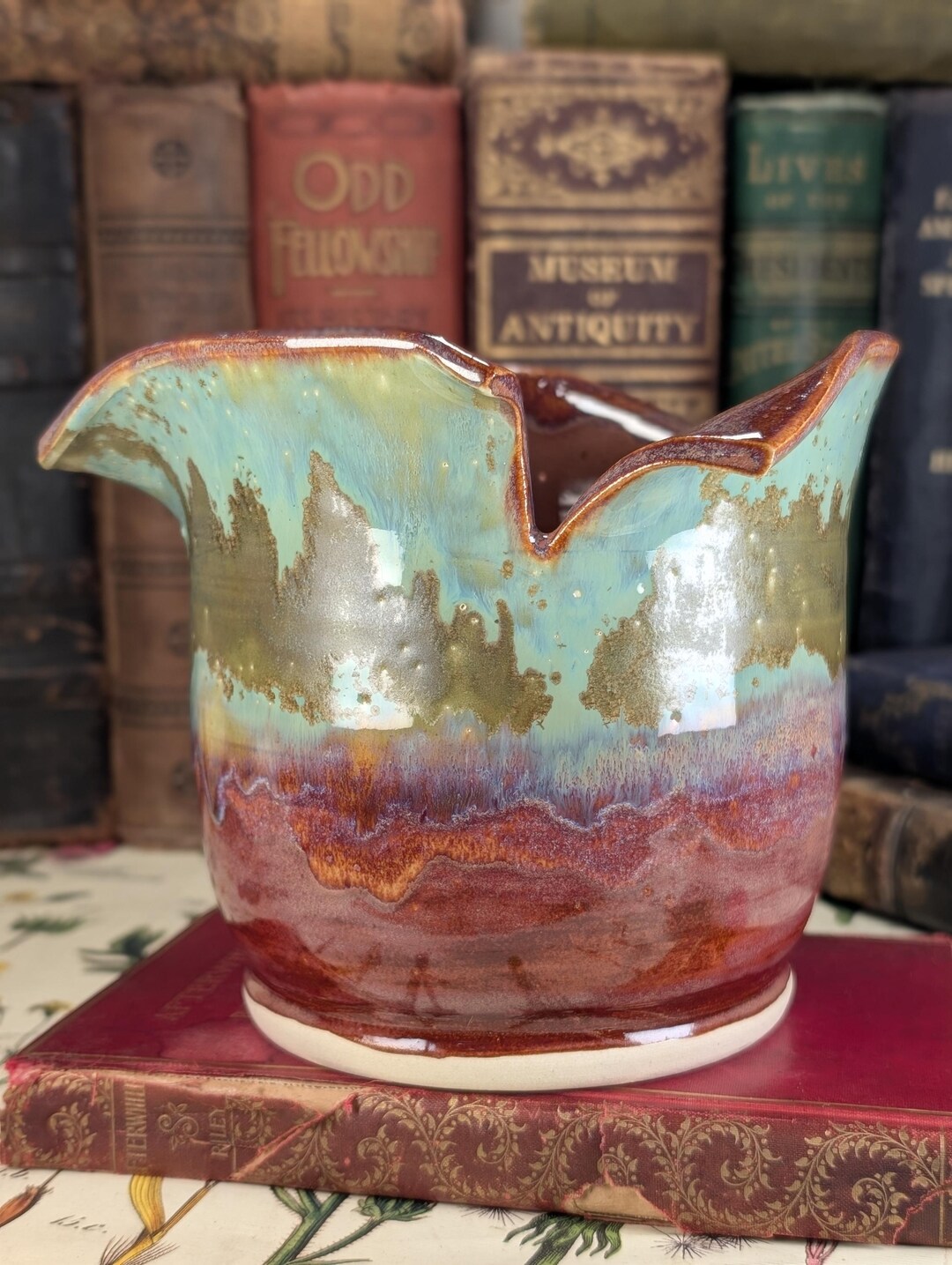 Pot Rim Shape Variations Handcrafted 3-cut Wavy Rim Ceramic Pot - Teal, Copper & Brown Glaze by ...