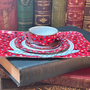 Vintage Ohio Art Company Tin Teapot Tray with Cup, Saucer and Plate