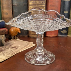 Antique Higbee &quot;Little Ladders&quot; Pressed Glass Compote | Scalloped Edge Pedestal Dish