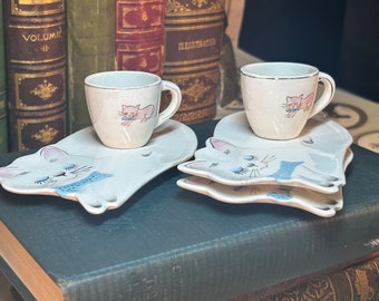 1950s Made in Japan Child's Kitten Snack Plate and Cup Set for Two with an Extra Plate