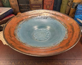 Hand-Thrown Ceramic Bowl - Versatile Bird Bath or Serving Bowl - Teal Blue & Copper Glaze, Sunflower Motif by UV Keramik