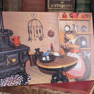 Carte de voeux vierge fantaisiste : écureuil laceleaf en érable dans un diorama de cuisine vintage - Illustration par Rhonda Johnson