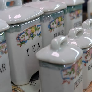 Vintage Japanese Toy Spice Set - Miniature Porcelain Canisters - Play Kitchen - Dollhouse Accessories - Made in Japan