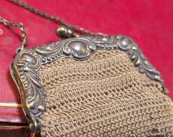 Antique Ring Chain Beaded Mesh Purse with German Silver Clasp