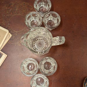 May include: A clear glass pitcher with a handle and a set of eight matching small glasses. The glasses and pitcher have a decorative, textured design. The items are arranged on a brown surface.