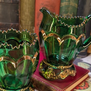 Antique Riverside Empress Emerald Green Cream and Sugar Set with Gold Trim