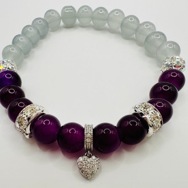 Purple True Love Bracelet.  925 Sterling Silver heart Charm, Rhinestones and Glass Beads