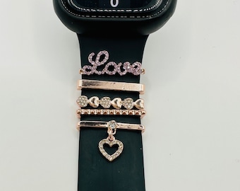 Valentines Set Of Rose Gold Rhinestone Heart And Love Letter Decoration Alloy  Watch Band Decoration Rings For Watch Bands 38mm, 40mm, 41mm,