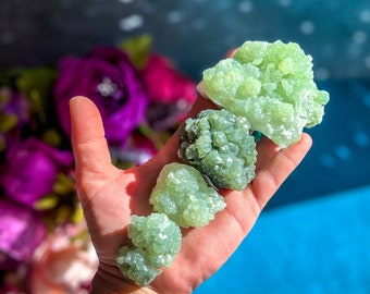Puede incluir: Cuatro grupos de cristales de celestina verdes de diferentes tamaños, con una superficie rugosa y texturizada, se muestran en una mano.