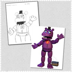 Puede incluir: Un hipopótamo animatrónico morado con un sombrero de copa negro y una flor en el pecho. El hipopótamo está de pie con los brazos extendidos y tiene una expresión amigable. La imagen también incluye un dibujo en blanco y negro del mismo hipopótamo.
