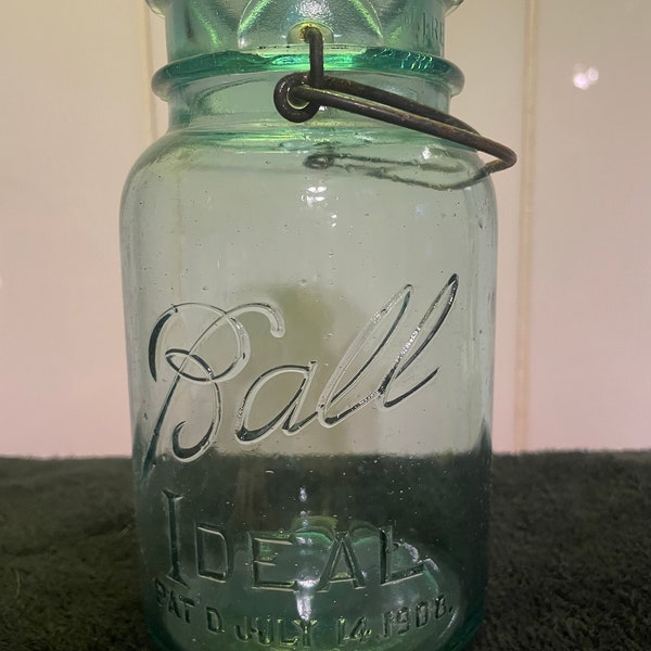 Quart Vintage July 14 1908 Ball Ideal blue aqua mason jar