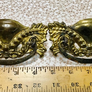 Matching Pair Ornate Victorian Pressed Brass Drawer Pulls Architectural Salvage