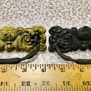 Matching Pair Ornate Victorian Pressed Brass Drawer Pulls Architectural Salvage