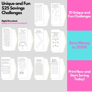 10 Savings Challenges! Digital Download Formatted to Print on Envelopes - 10 Unique 25 Dollar Savings Challenges - Save Money in 2024!