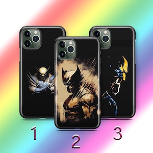 May include: Three black phone cases with different images of Wolverine, a comic book superhero. The first case features a close-up of Wolverine's face, the second case features a full-body image of Wolverine, and the third case features a close-up of Wolverine's face with a blue and yellow color scheme.