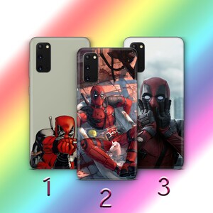 May include: Three phone cases featuring different images of Deadpool. The first case shows Deadpool holding a gun, the second case shows Deadpool in a bathtub, and the third case shows Deadpool covering his face with his hands.