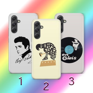 May include: Three different phone cases featuring Elvis Presley. The first case is white with a black and white image of Elvis Presley and his signature. The second case is cream with a black and white image of Elvis Presley's silhouette with the words "Before Elvis There Was Nothing" inside the silhouette. The third case is white with a black and white image of a vinyl record with the words "Elvis" on it.