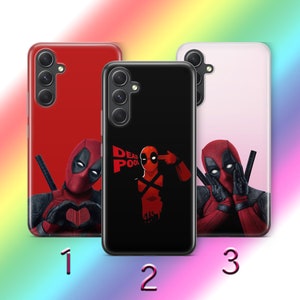 May include: Three phone cases with different Deadpool designs. The first case is red with Deadpool making a heart shape with his hands. The second case is black with Deadpool pointing a gun to his head. The third case is pink with Deadpool covering his eyes with his hands. All cases have the text "DEADPOOL" on them.