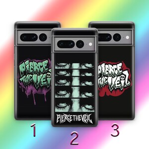 May include: Three black smartphone cases featuring Pierce the Veil graphics. Case 1 has a green and purple logo. Case 2 displays a grid of eyes and the band name in white. Case 3 shows a red and white logo. Each case has a horizontal camera bar.