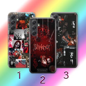 May include: Three phone cases with different designs featuring the band Slipknot. The first case has a collage of images, the second case has a red background with a pentagram and the band's name, and the third case has a black background with a collage of images.