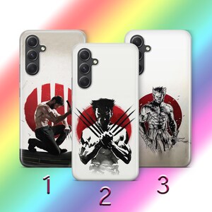 May include: Three white phone cases with different designs featuring a black and white illustration of Wolverine. The first case has a red and white background with a silhouette of Wolverine. The second case has a red and white background with a close-up of Wolverine's face. The third case has a red and white background with Wolverine in a fighting pose.