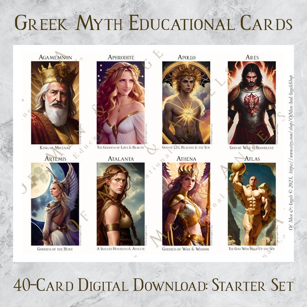 Greek Myth Starter Set, 40-Cards, Educational Cards Digital Download, Greek Myth Study Cards, Greek Mythology