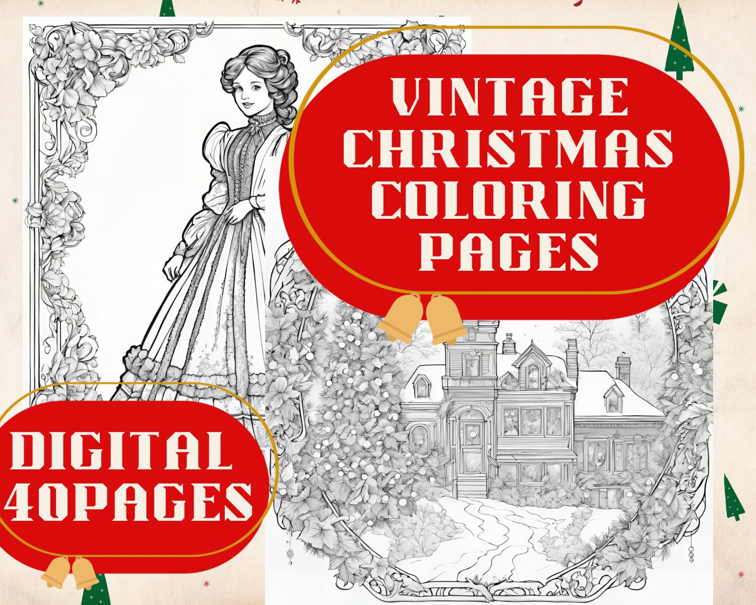 Victorian Christmas Coloring Pages Retro Christmas Coloring Book Adult ...