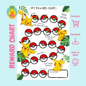 May include: A printable reward chart featuring a Pokemon theme. The chart has a path of red and white Pokeballs with checkboxes. The chart includes the text "Let's go Pokemon Trainer!" and "You're doing great!" and "You caught Pikachu!"  The chart is designed for children to track their progress and earn rewards.
