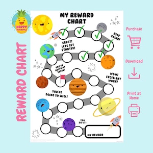 宇宙をテーマにした子供向けのご褒美チャート、雑用チャート、行動チャート、デジタルダウンロード、即時ダウンロード、ステッカーチャート、トイレトレーニング